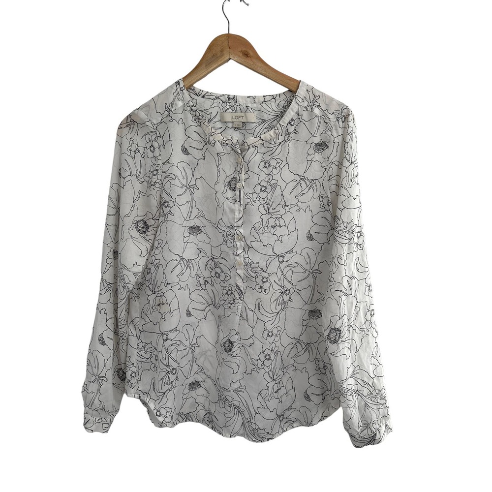 Ann Taylor‎ LOFT White Sheer Printed Long Sleeve Top Small